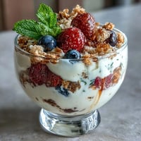 Vibrant Mothers Day brunch yogurt parfait bar with fresh berries, crunchy granola, and sweet honey drizzle, perfect for a festive family gathering.