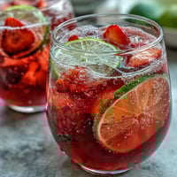 A vibrant pink lemonade punch with fresh citrus slices and strawberries, perfect for spring parties and gatherings.