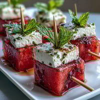 Watermelon Feta Skewers with Mint: Colorful summer appetizer with juicy watermelon, creamy feta, and fresh mint on wooden skewers.