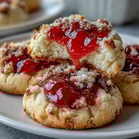 Fresh strawberry jam thumbprint cookies with golden edges and vibrant red filling, perfect for spring gatherings or holiday cookie trays.