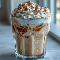 Creamy vanilla bean frappuccino protein shake with whipped cream and a sprinkle of cinnamon, served in a tall glass.