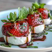 Strawberry Caprese skewers with balsamic drizzle on a white platter, featuring bright red strawberries, creamy mozzarella balls, and fresh green basil leaves, drizzled with glossy balsamic reduction.  