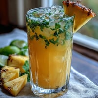 Refreshing pineapple basil agua fresca with juicy tropical pineapple, fresh basil, and a hint of lime in a chilled glass.  