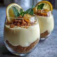 Fluffy lemon mousse in elegant glasses, topped with buttery shortbread crumble and fresh berries for a refreshing spring dessert.