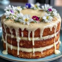 A beautiful spring floral drip cake with lemon frosting, adorned with edible flowers and a glossy white chocolate drip.