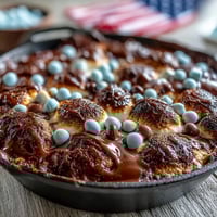 Gooey chocolate and toasted marshmallows in a cast iron skillet create a festive 4th of July smores dip, perfect for sharing.