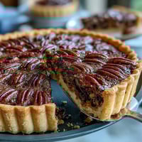 Kentucky Derby Chocolate Pecan Tart with rich chocolate filling and crunchy pecans, served on a rustic wooden board with a slice ready to enjoy.