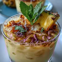 A vibrant glass of pineapple coconut agua fresca, with fresh pineapple cubes and a splash of creamy coconut milk.