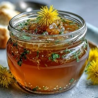 Vibrant dandelion jelly with fresh lemon and honey, golden and glistening, perfect for spreading on warm toast.