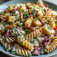 Colorful Hawaiian pasta salad with ham, pineapple, and ranch dressing, perfect for summer picnics.  