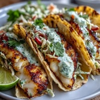 Fresh grilled fish tacos with coconut lime marinade, topped with crunchy cabbage slaw and creamy crema in warm tortillas.