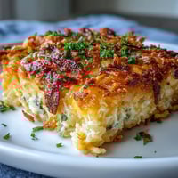 Golden, bubbling cheesy hash brown casserole with a crispy cornflake topping and melted cheddar cheese.
