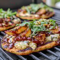 Grilled BBQ Peach and Brie Flatbread with melty Brie, sweet peaches, and smoky BBQ sauce, topped with fresh basil and arugula.