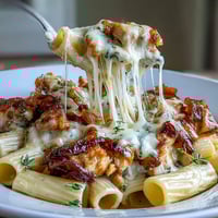 One-pot French onion chicken pasta with caramelized onions and melty Gruyère cheese, served in a rustic skillet.