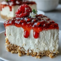 A creamy no-bake cheesecake with buttery biscuit crust, topped with vibrant homemade raspberry coulis for Mother's Day.