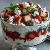 Red White Blue Berry Trifle: layers of angel food cake, fresh berries, and whipped cream.